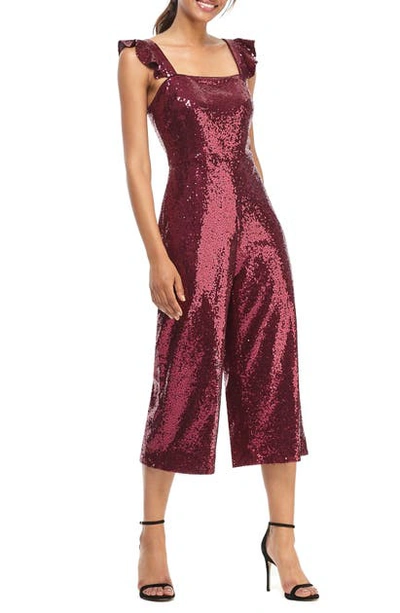 Shop Gal Meets Glam Collection Casey Sequin Ruffle Strap Jumpsuit In Shiny Plum