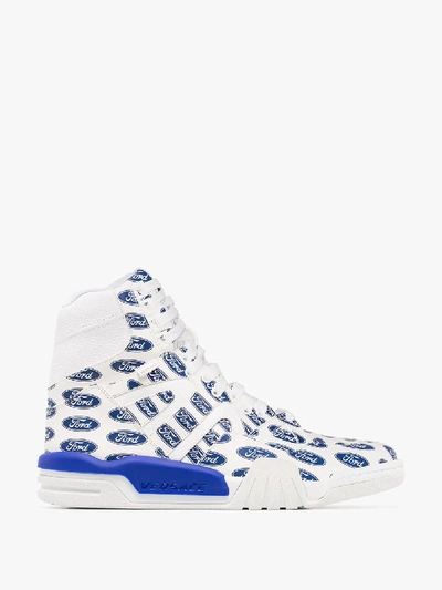 Shop Versace White And Blue Ford Logo High Top Sneakers