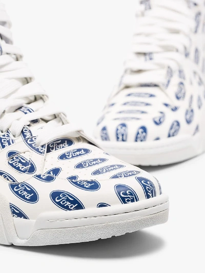 Shop Versace White And Blue Ford Logo High Top Sneakers