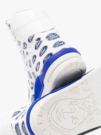 Shop Versace White And Blue Ford Logo High Top Sneakers