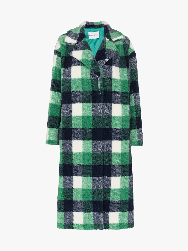 Stand Studio Maria Faux Fur Checked Coat In 6700 Green/Navy/White Check ...