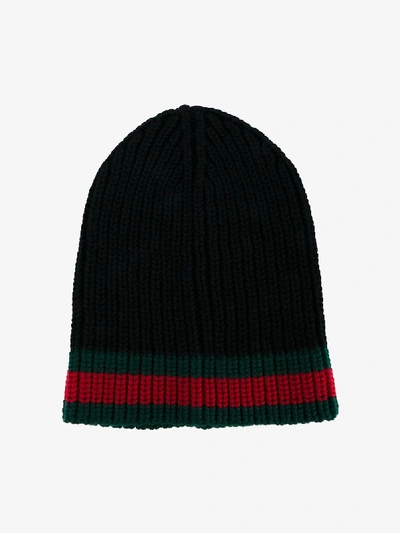 Shop Gucci Black Web Stripe Wool Beanie Hat