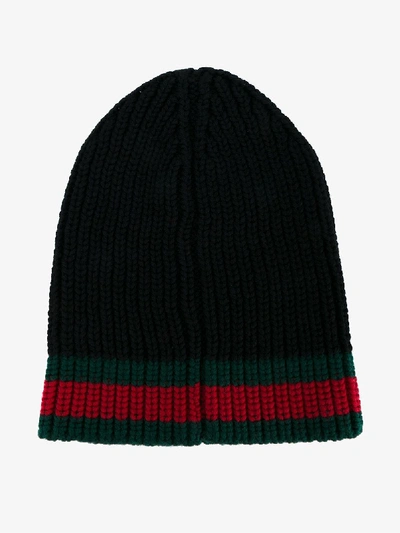 Shop Gucci Black Web Stripe Wool Beanie Hat