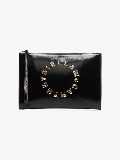 Shop Stella Mccartney Black Logo Print Faux Leather Clutch Bag