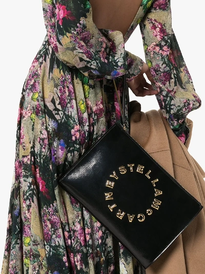 Shop Stella Mccartney Black Logo Print Faux Leather Clutch Bag