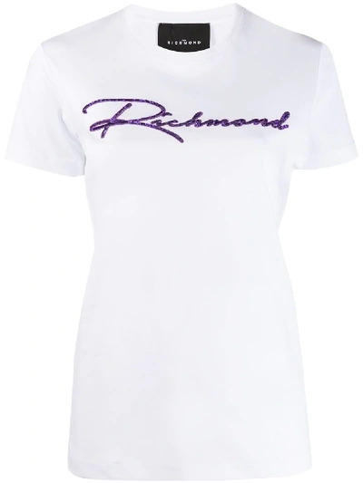 Shop John Richmond Sequinned Logo Crewneck T-shirt In White
