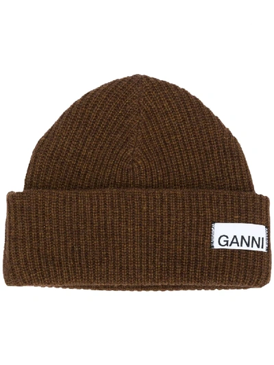 Shop Ganni Logo Patch Beanie Hat In Brown