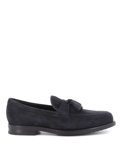 Shop Tod's Tassel Embellished Suede Loafers In Dark Blue