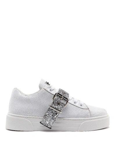 Shop Miu Miu Glitter Buckle Sneakers In White