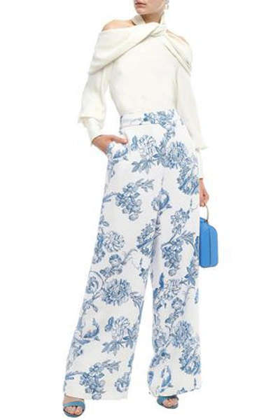 Shop Oscar De La Renta Woman Floral-print Stretch-silk Crepe Wide-leg Pants Azure