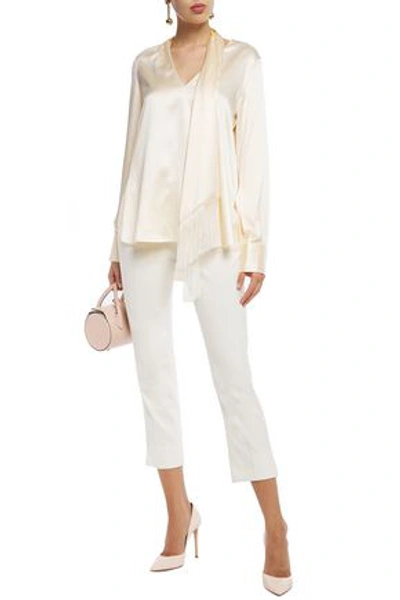 Shop Oscar De La Renta Fringe-trimmed Silk-satin Blouse In Ivory