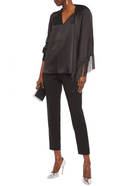 Shop Oscar De La Renta Fringe-trimmed Silk-satin Blouse In Black