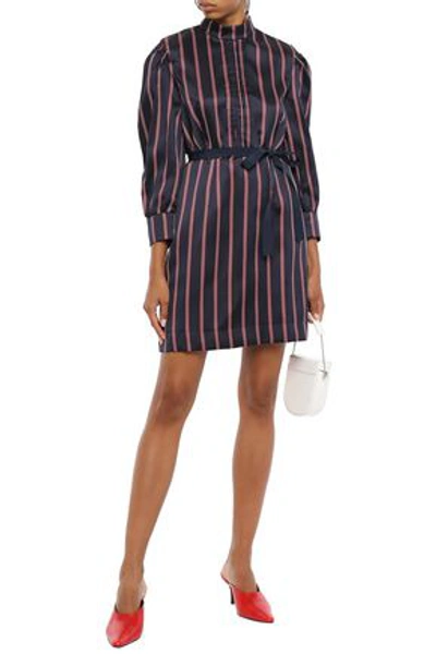 Shop Sandro Respect Belted Striped Satin-twill Mini Dress In Navy