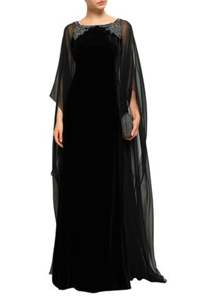 Shop Alberta Ferretti Woman Cape-back Embellished Chiffon-paneled Velvet Gown Black