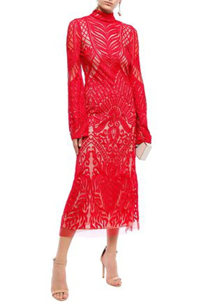 Galvan  London Open-back Embroidered Tulle Midi Dress In Red