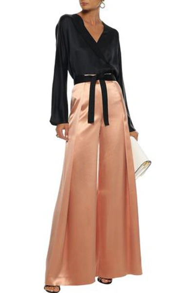 Shop Amanda Wakeley Pleated Bow-detailed Silk-satin Wide-leg Pants In Copper