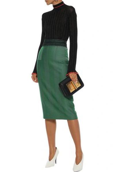 Shop Amanda Wakeley Woman Lace-trimmed Herringbone Wool Pencil Skirt Green