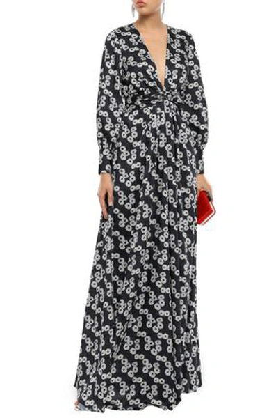 Shop Lela Rose Twist-front Floral-print Twill Gown In Midnight Blue