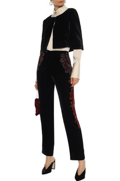 Shop Alberta Ferretti Woman Embellished Velvet Straight-leg Pants Black