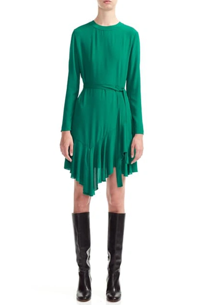 Shop Maje Romea Asymmetrical Ruffle Hem Long Sleeve Dress In Green