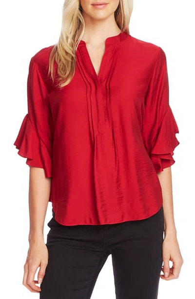 Shop Vince Camuto Pintuck Detail Flutter Sleeve Rumple Satin Blouse In Tulip Red