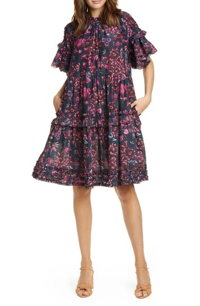 Shop Ulla Johnson Fawn Tiered Floral Dress In Midnight