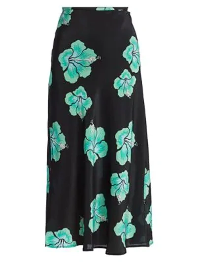 Shop Rixo London Kelly Floral Silk Midi Skirt In Abstract Hawaiian Flower Black Mint