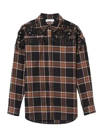 Shop Sandro Beans Embroidery Check Shirt In Camel Black