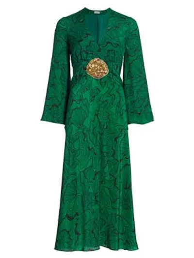 Shop Rixo London Indra Shell-print Silk Midi Dress In Psychedelic Shell Green Black