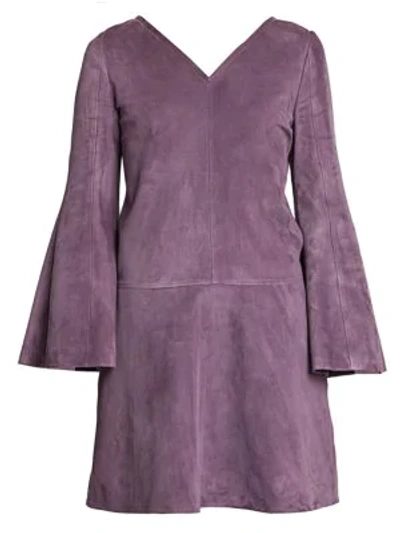 Shop Valentino V-neck Suede Mini Dress In Violet Grey