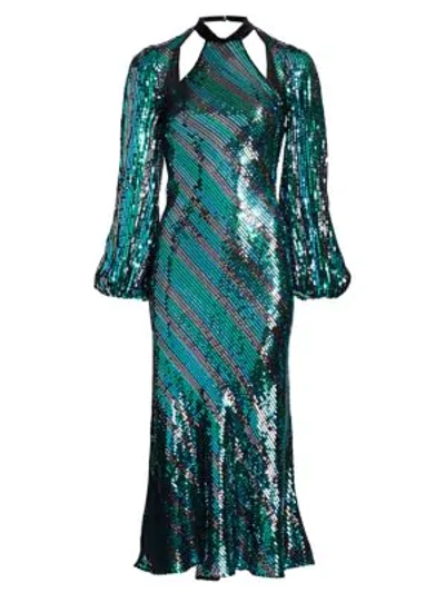 Shop Rixo London Celia Striped Sequin Open-back Midi Dress In Diagonal Stripe Teal Black Blue