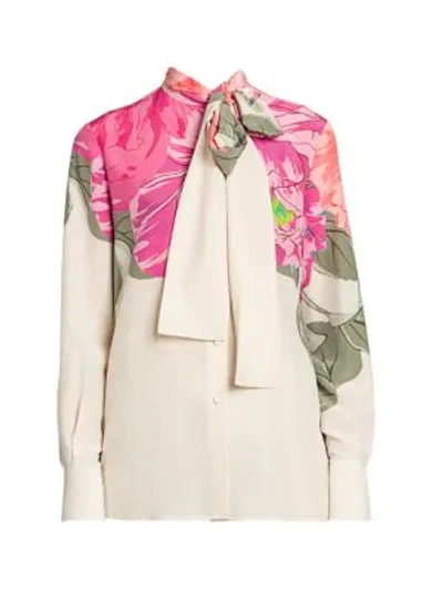 Shop Valentino Camelia Silk Floral Tieneck Blouse In Avorio Fuchsia