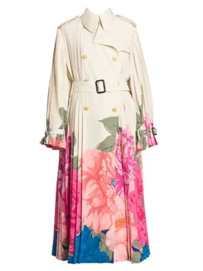 Shop Valentino Women's Camelia Floral Plissé Silk Trench Coat In Avorio Fuchsia