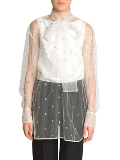 Shop Valentino Embellished Sheer Tulle Tieneck Blouse In Bianco Silver