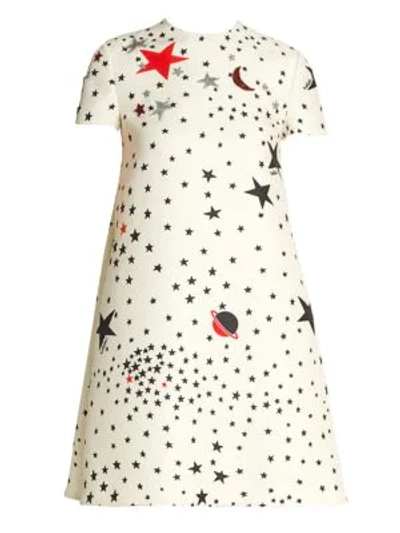 Shop Valentino Cosmo-print Virgin Wool & Silk Shift Dress In Avorio Multi