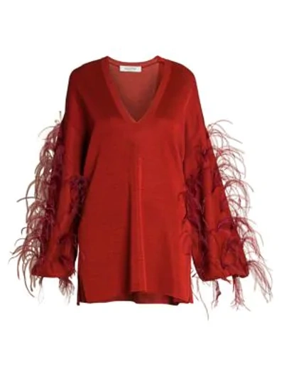 Shop Valentino Ostrich Feather-sleeve V-neck Knit Sweater In Red Persia