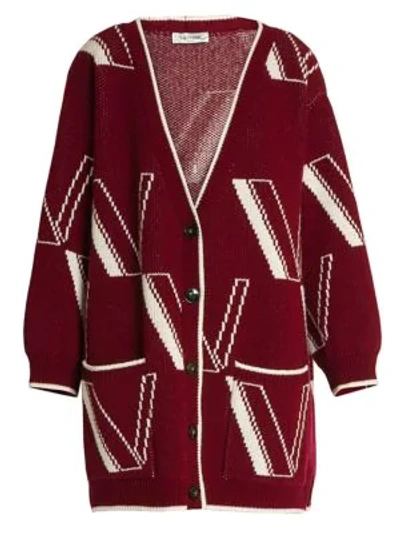 Shop Valentino Large V Intarsia Cashmere & Wool Knit Cardigan In Red Persia