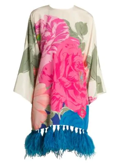 Shop Valentino Women's Macro Camelia Feather-trimmed Silk Crepe De Chine Tunic In Avorio Fuchsia