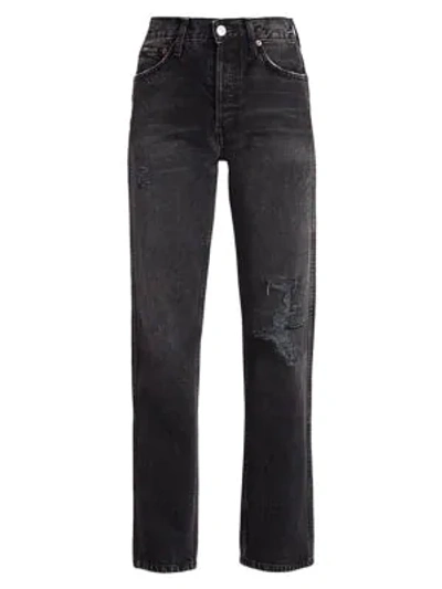 Shop Re/done High-rise Distressed Straight-leg Jeans In Wornin Black