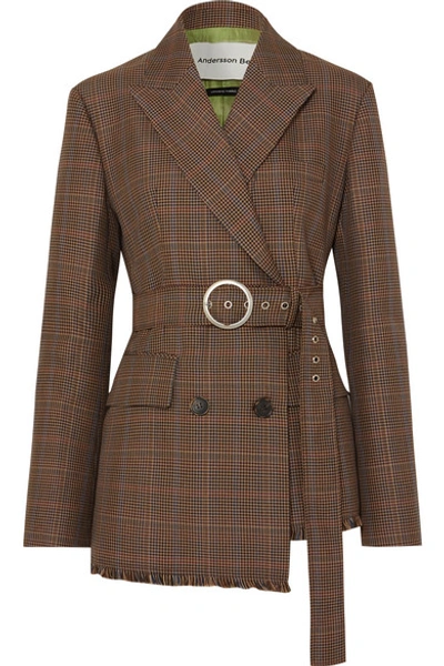 Shop Andersson Bell Oversized Belted Checked Wool-blend Tweed Blazer In Brown