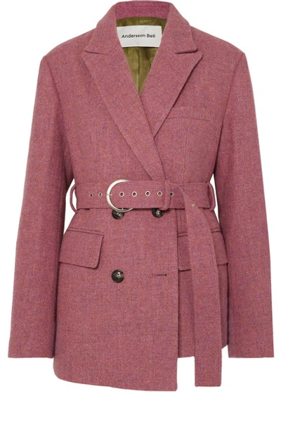 Shop Andersson Bell Oversized Asymmetric Belted Wool-tweed Blazer In Pink