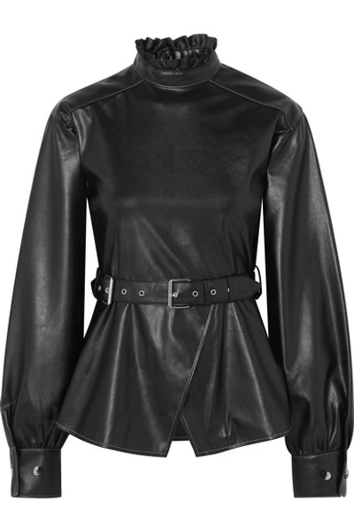 Shop Andersson Bell Belted Ruffled Vegan Leather Top In Black