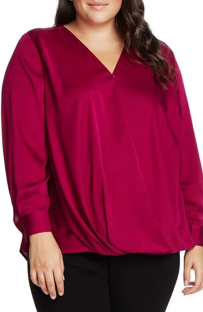 Shop Vince Camuto Wrap Front Hammered Satin Blouse In Magenta