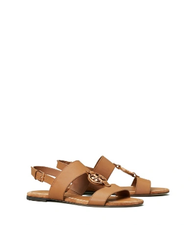 Shop Tory Burch Miller Metal-logo Two-band Sandal, Leather In Tan/rose Gold