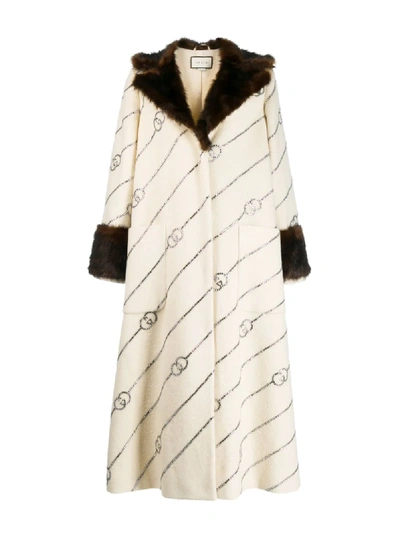 Shop Gucci Fur Collar Monogrammed Coat In White