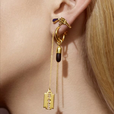 True Rocks Black Enamel & 18 Carat Gold Plated Mini Pill Charm On Gold Hoop In Gold