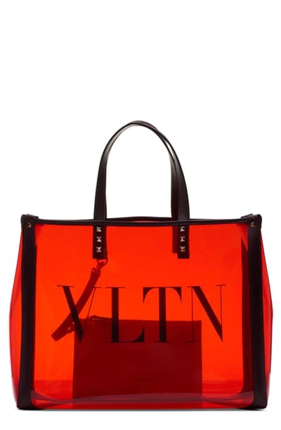 Shop Valentino Small Grande Plage Vltn Logo Clear Tote In Rouge Pur / Nero/ Rubin