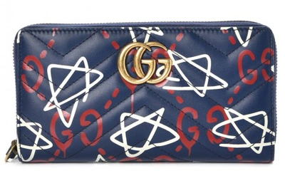 Pre-owned Gucci Gg Marmont Wallet Zip Around Matelasse Ghost Blue