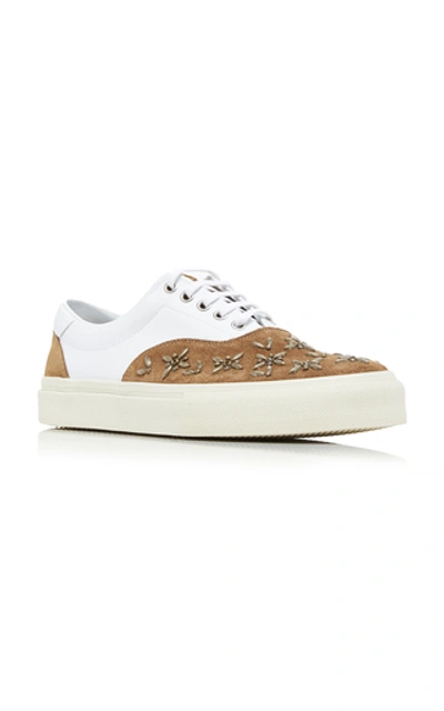 Studded Leather And Suede Trainers In Beige White