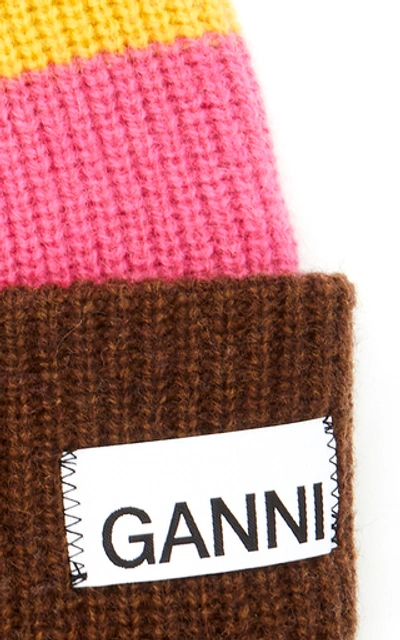 Shop Ganni Striped Wool-blend Beanie In Yellow